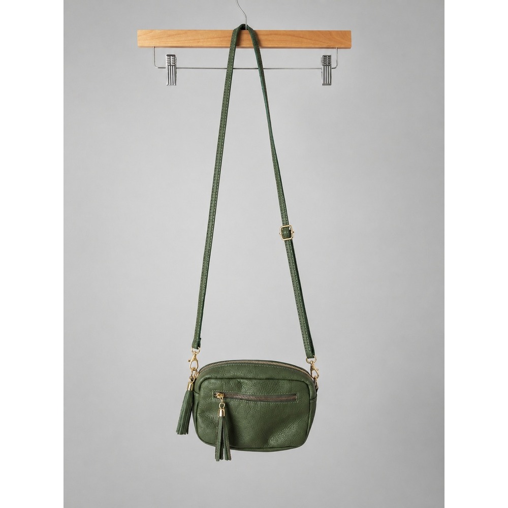Made in Italy Green Pebbled Leather Crossbody Purse Tassel Camera Bag Gold Tone